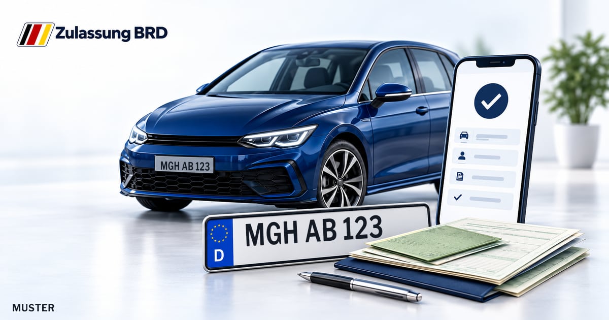 Online Fahrzeugzulassung in Bad Mergentheim: Musterkennzeichen MGH AB 123, Auto und Fahrzeugpapiere und Smartphone. Illustration mit Logo von Zulassung BRD.